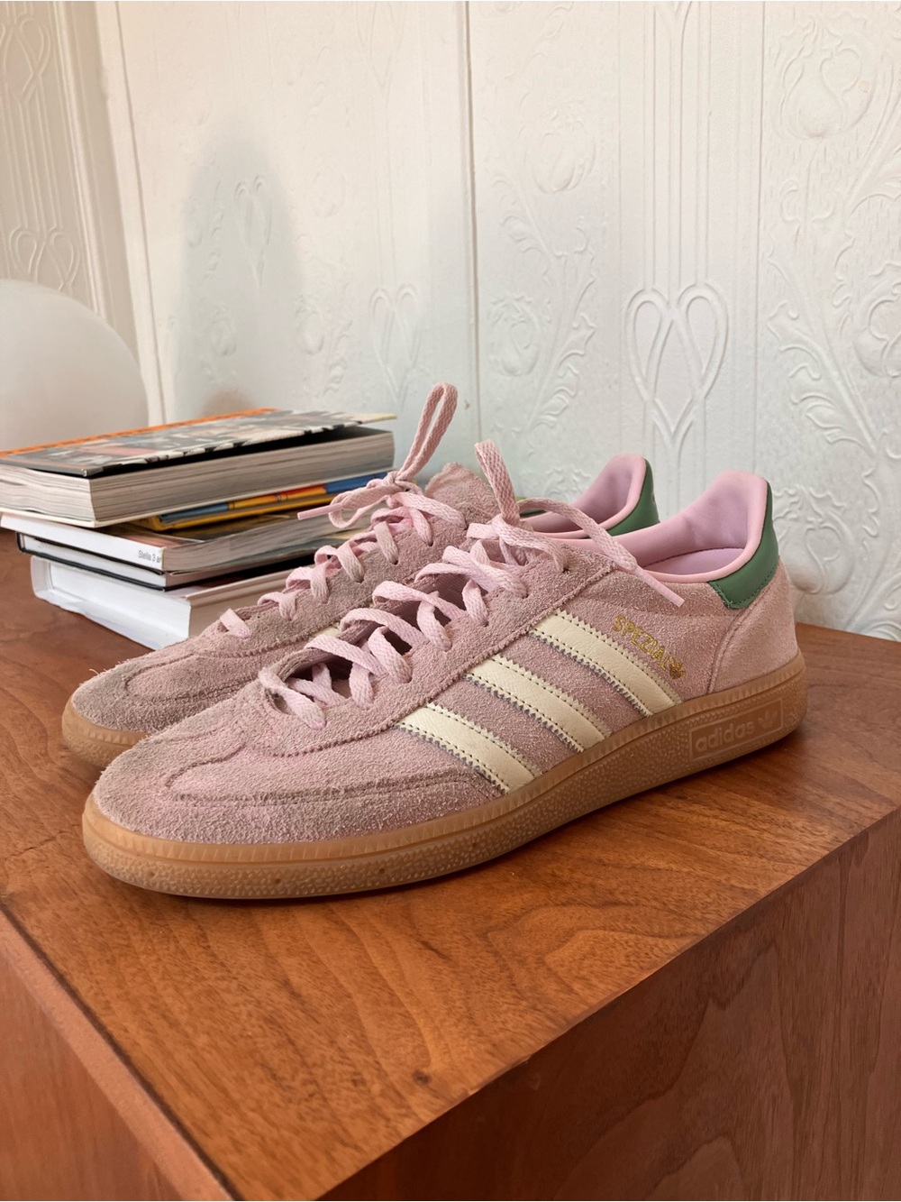 adidas handball spezial Pink Suede Sneakers with Cream Stripes and Green Heel